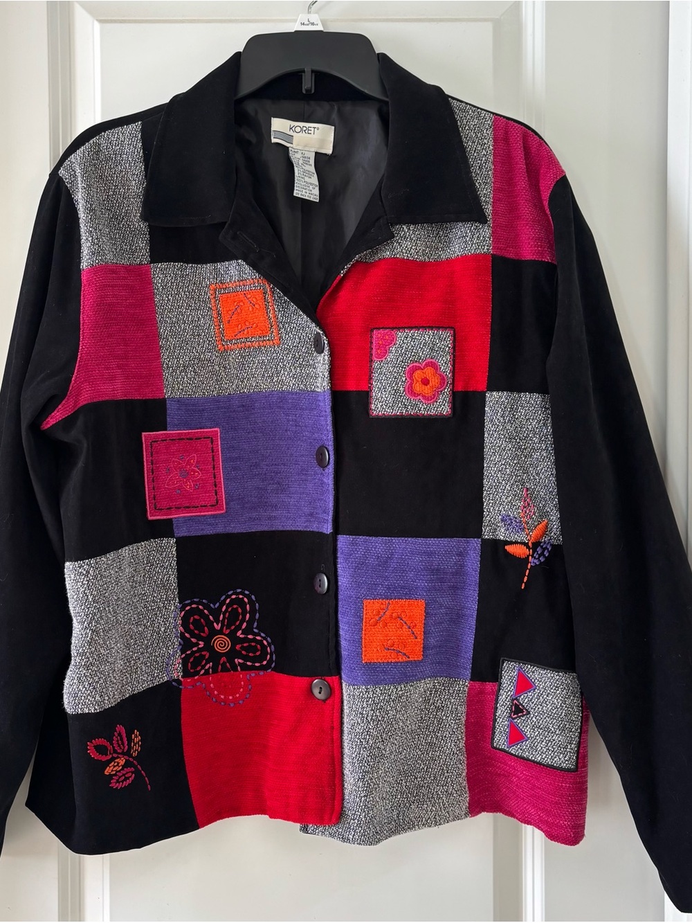 Koret Vintage Women's Patchwork Velvet Button-Up Jacket in Black, Red & Purple X